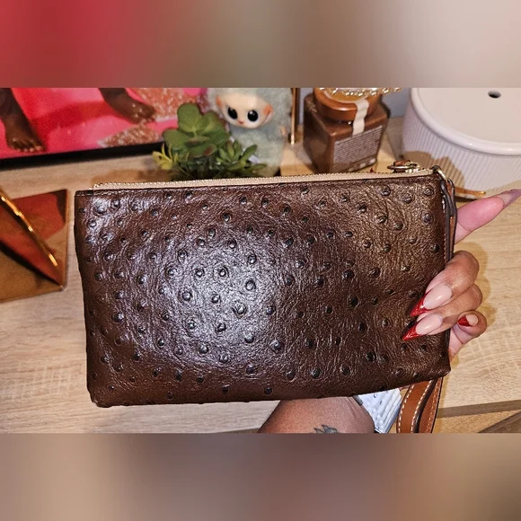 Dooney & Bourke Ostrich Dark Brown Wristlet with Gold Accents - Picture 4 of 8